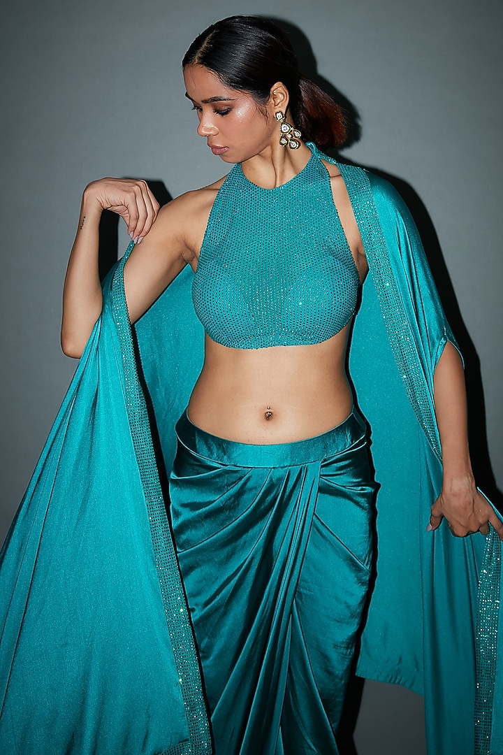 Emerald Green Satin Draped Skirt Set by ITRH at Pernia's Pop Up Shop