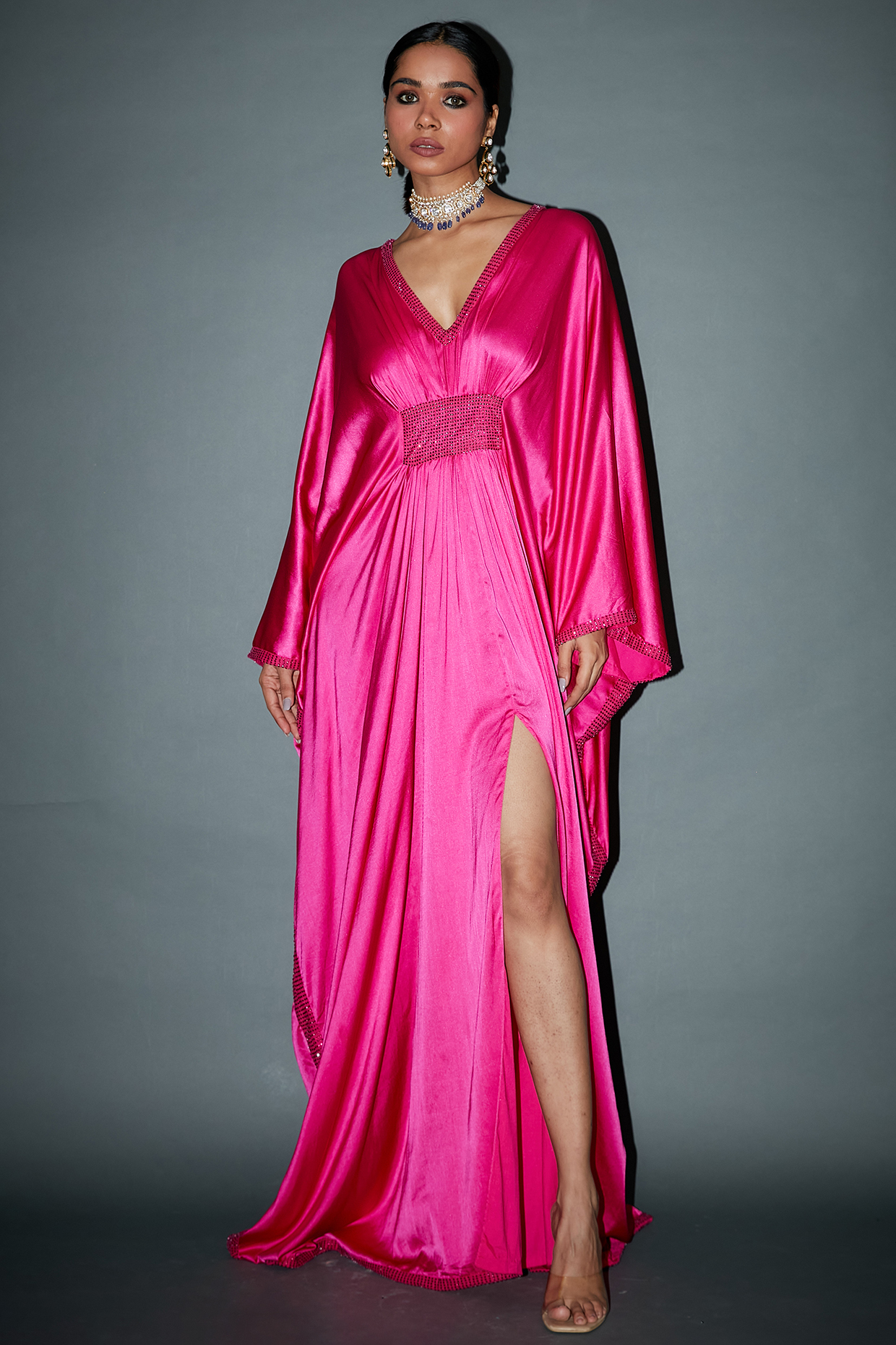 Fuchsia Satin Crystal Embellished Kaftan by ITRH at Pernia's Pop Up Shop