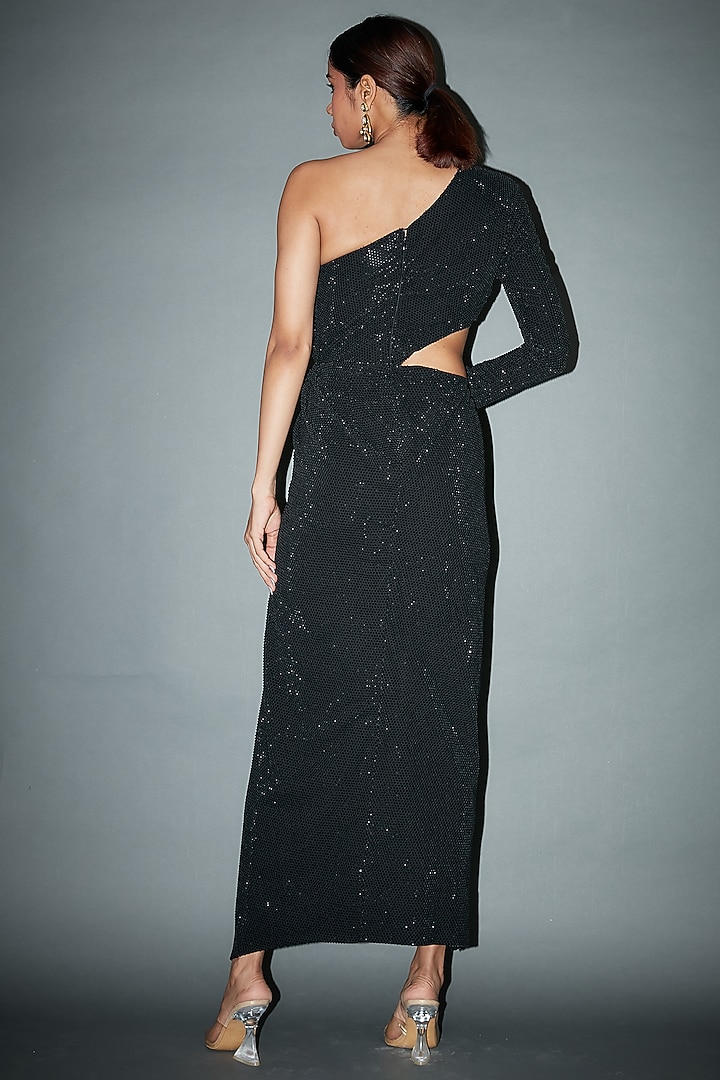 Black Italian Crepe Crystal Embellished Party Wear Dress by ITRH at Pernia's Pop Up Shop