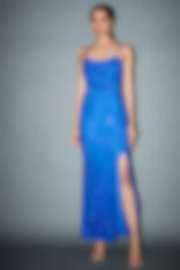 Royal Blue Net Crystal Embellished Gown by ITRH