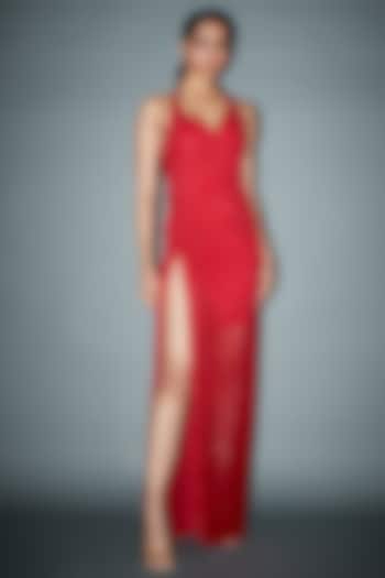 Red Net Crystal Embellished Gown by ITRH