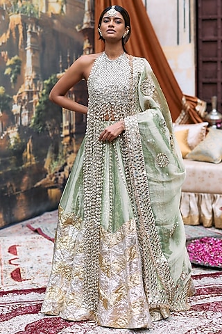 Green Tissue Chevron Pattern Lehenga Set by ITRH
