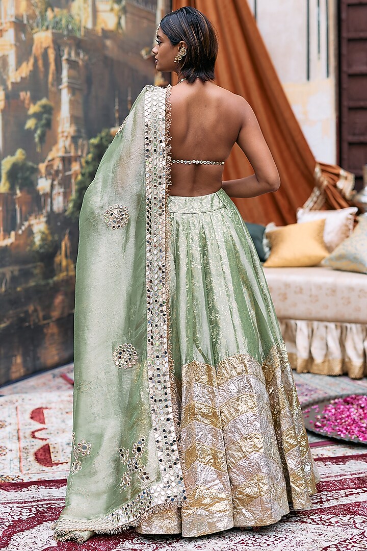 Green Tissue Chevron Pattern Bridal Lehenga Set by ITRH at Pernia's Pop Up Shop