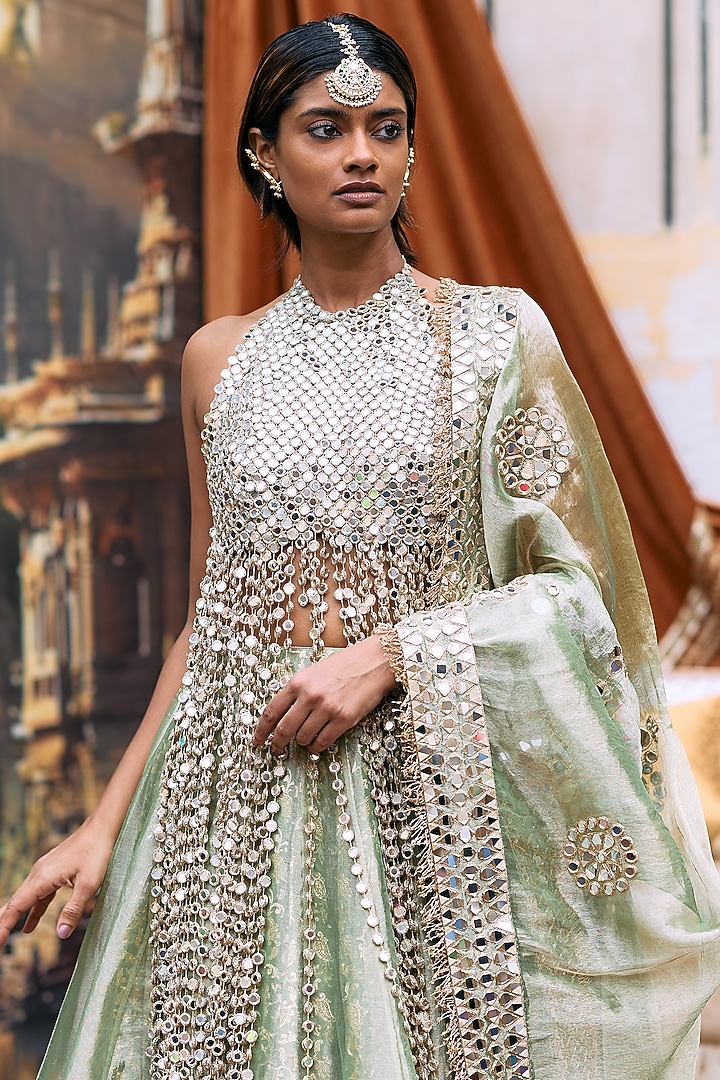Green Tissue Chevron Pattern Bridal Lehenga Set by ITRH at Pernia's Pop Up Shop