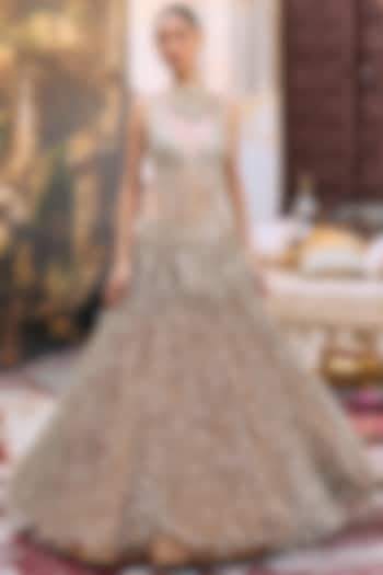 Dark Gold Tissue Mirror & Jaal Bridal Lehenga Set by ITRH at Pernia's Pop Up Shop