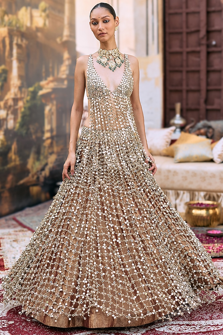 Dark Gold Tissue Mirror & Jaal Bridal Lehenga Set by ITRH at Pernia's Pop Up Shop