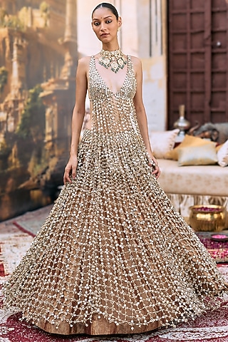 Dark Gold Tissue Mirror & Jaal Lehenga Set by ITRH