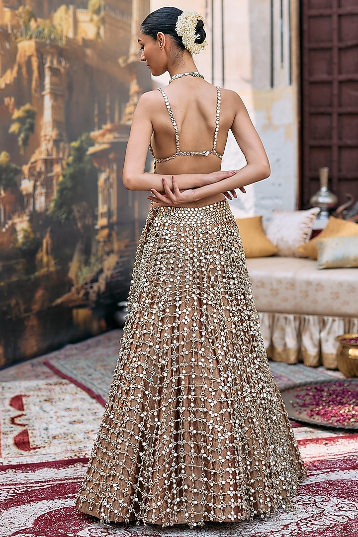 Dark Gold Tissue Mirror & Jaal Bridal Lehenga Set by ITRH at Pernia's Pop Up Shop