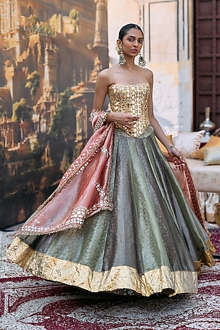 Green & Black Tissue Gota Lehenga Set by ITRH