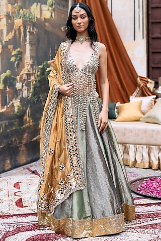 Green & Black Tissue Gota Lehenga Set by ITRH