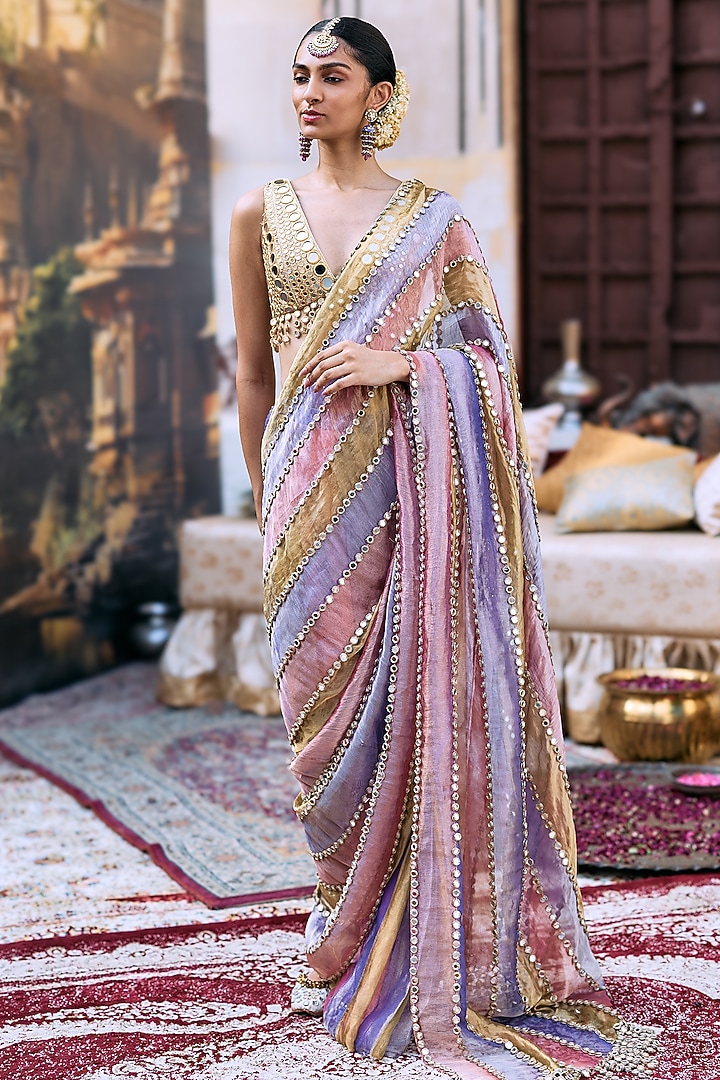 Multi-Colored Tissue Striped Pre-Draped Bridal Saree Set by ITRH at Pernia's Pop Up Shop