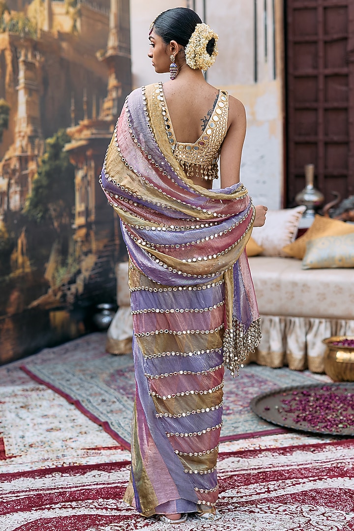 Multi-Colored Tissue Striped Pre-Draped Bridal Saree Set by ITRH at Pernia's Pop Up Shop