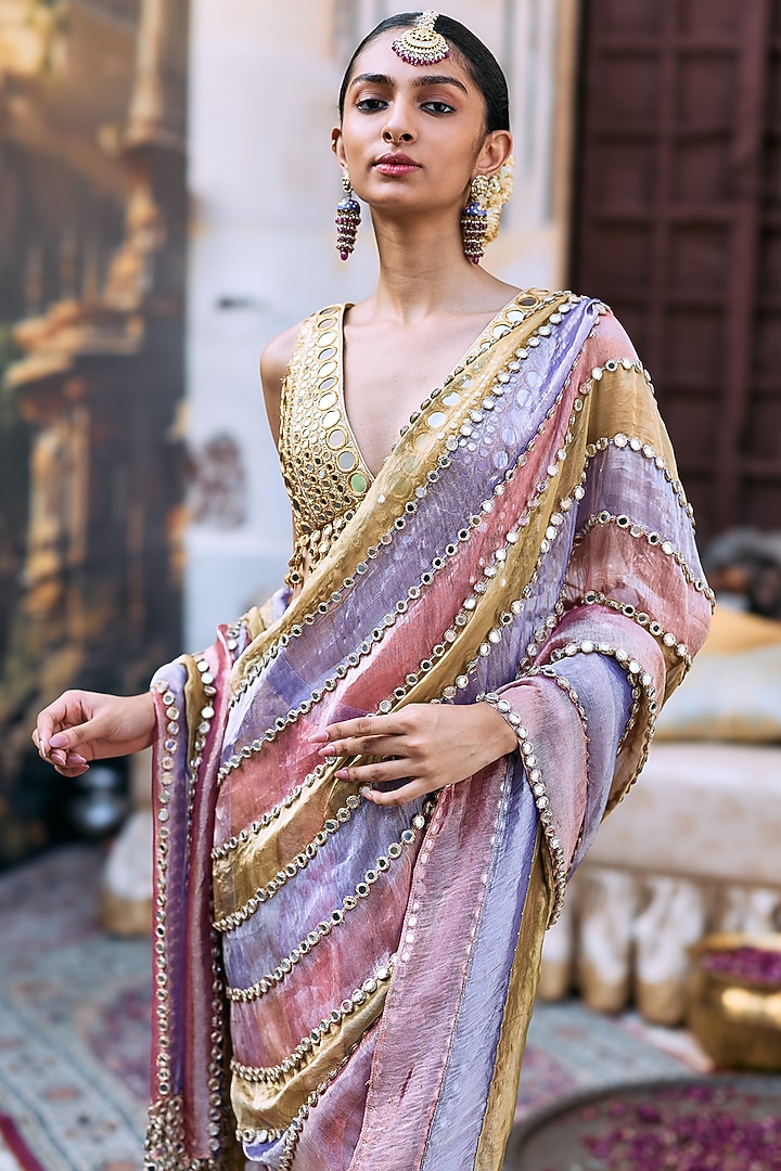 Multi-Colored Tissue Striped Pre-Draped Bridal Saree Set by ITRH at Pernia's Pop Up Shop