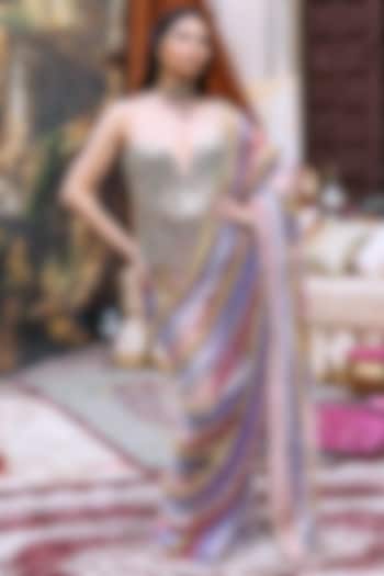 Multi-Colored Tissue Striped Pre-Draped Bridal Saree Set by ITRH at Pernia's Pop Up Shop