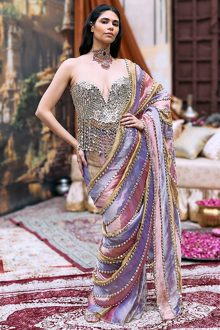 Multi-Colored Tissue Striped Pre-Draped Bridal Saree Set by ITRH at Pernia's Pop Up Shop