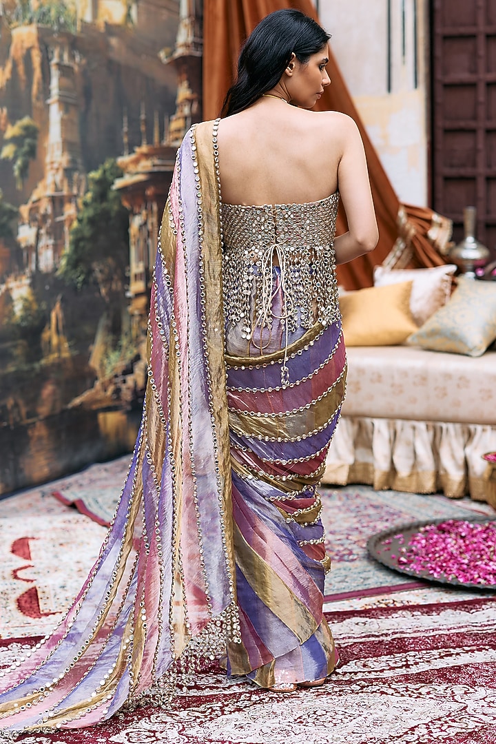 Multi-Colored Tissue Striped Pre-Draped Bridal Saree Set by ITRH at Pernia's Pop Up Shop