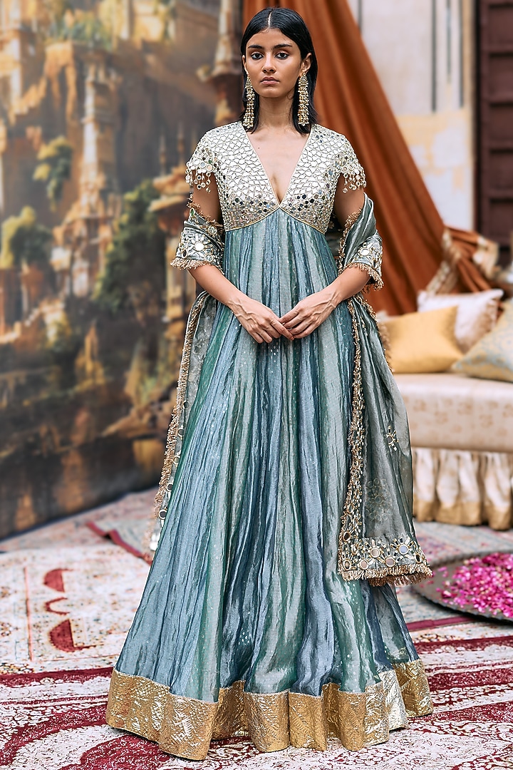 Teal Blue & Sea Green Tissue Mirror Embroidered Bridal Anarkali Set by ITRH at Pernia's Pop Up Shop