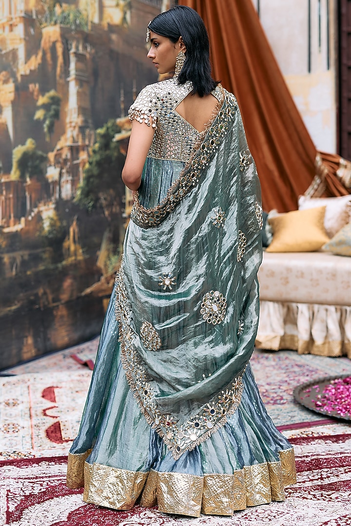 Teal Blue & Sea Green Tissue Mirror Embroidered Bridal Anarkali Set by ITRH at Pernia's Pop Up Shop