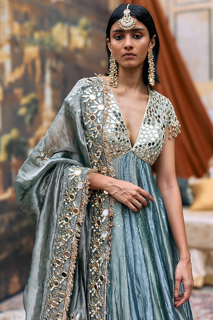 Teal Blue & Sea Green Tissue Mirror Embroidered Bridal Anarkali Set by ITRH at Pernia's Pop Up Shop