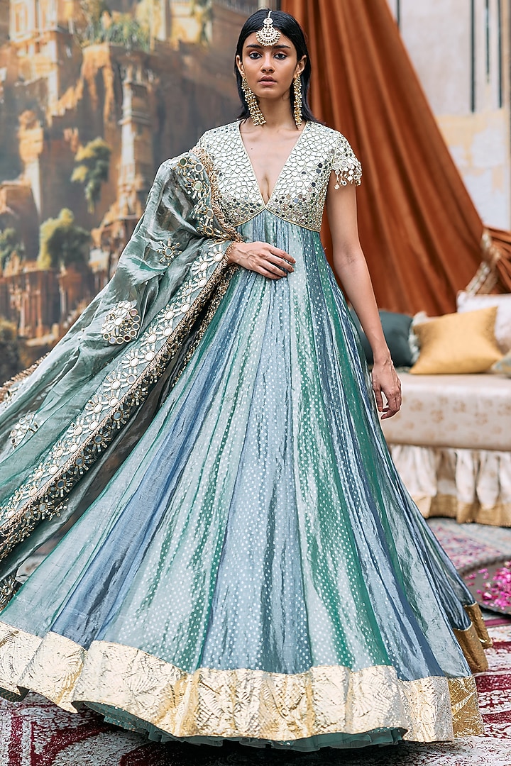 Teal Blue & Sea Green Tissue Mirror Embroidered Bridal Anarkali Set by ITRH at Pernia's Pop Up Shop