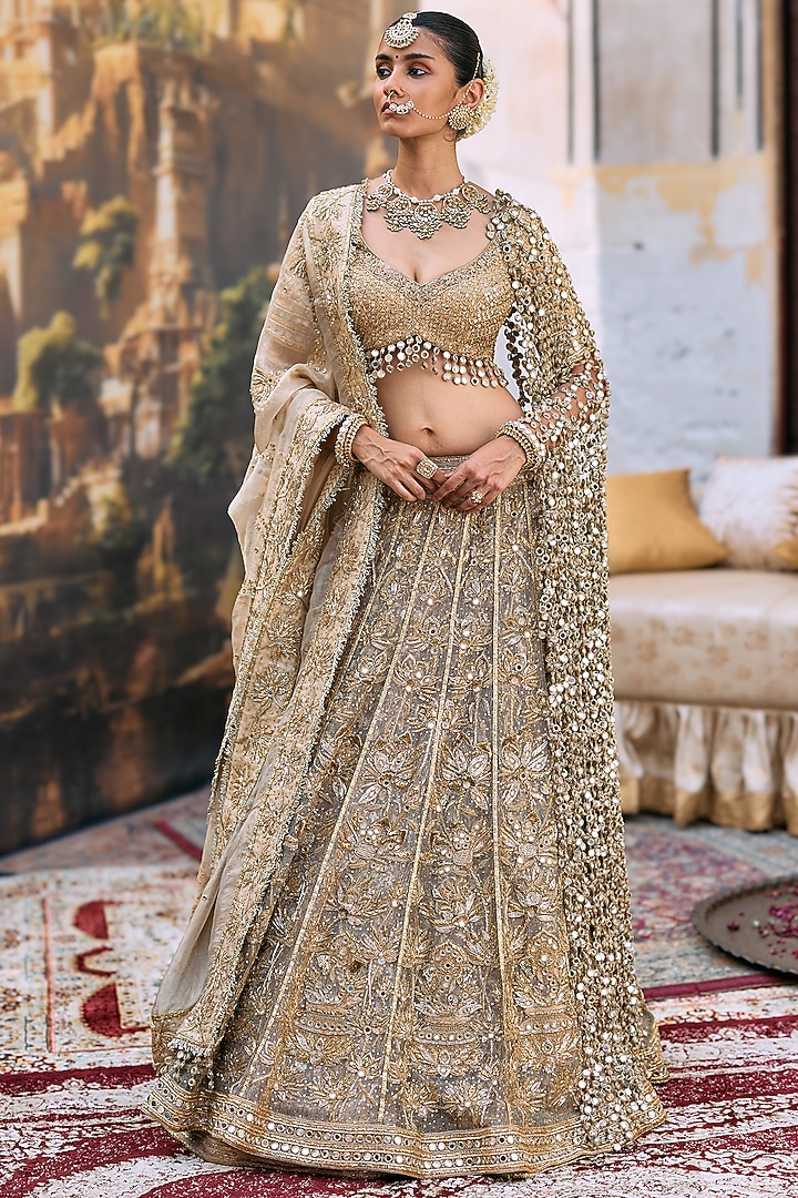 Golden Tissue Hand Embroidered Bridal Lehenga Set by ITRH at Pernia's Pop Up Shop