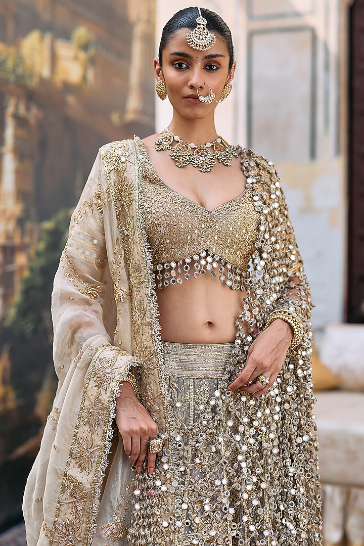 Golden Tissue Hand Embroidered Bridal Lehenga Set by ITRH at Pernia's Pop Up Shop