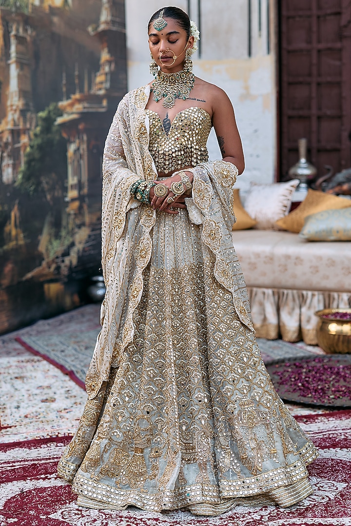 Ivory Organza & Brocade Embroidered Bridal Lehenga Set by ITRH at Pernia's Pop Up Shop