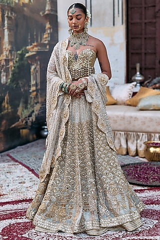 Ivory Organza & Brocade Embroidered Lehenga Set by ITRH