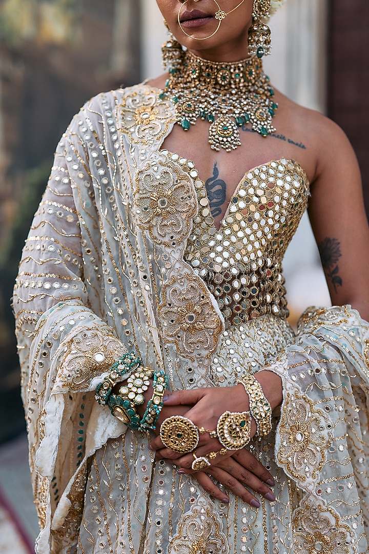 Ivory Organza & Brocade Embroidered Bridal Lehenga Set by ITRH at Pernia's Pop Up Shop