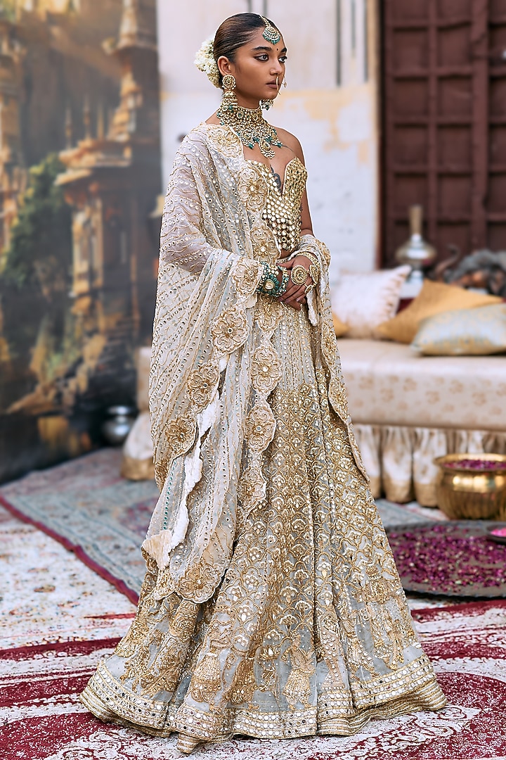 Ivory Organza & Brocade Embroidered Bridal Lehenga Set by ITRH at Pernia's Pop Up Shop