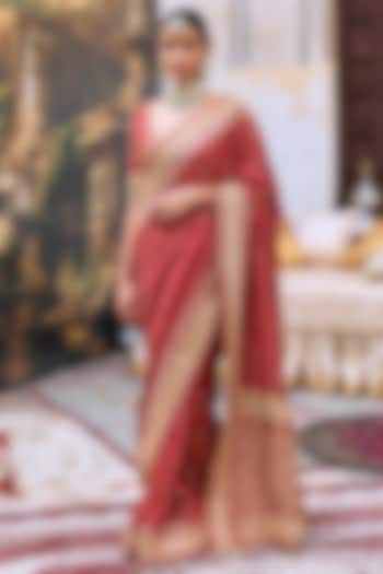 Red Raw Silk & Brocade Embroidered Bridal Saree Set by ITRH at Pernia's Pop Up Shop