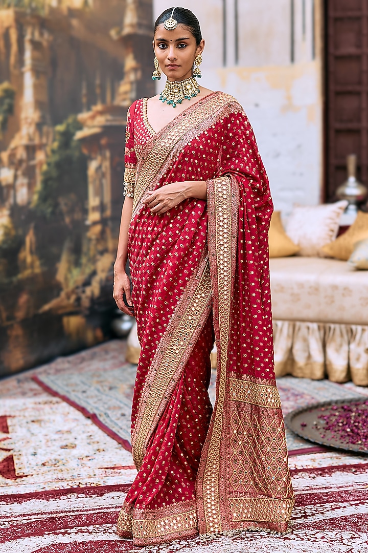 Red Raw Silk & Brocade Embroidered Bridal Saree Set by ITRH at Pernia's Pop Up Shop