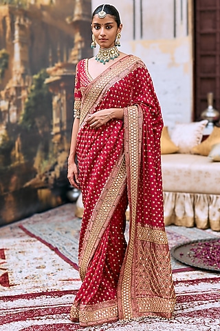 Red Raw Silk & Brocade Embroidered Saree Set by ITRH