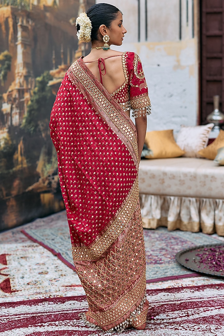 Red Raw Silk & Brocade Embroidered Bridal Saree Set by ITRH at Pernia's Pop Up Shop