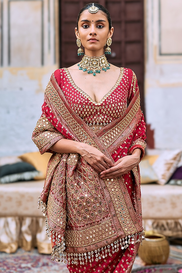 Red Raw Silk & Brocade Embroidered Bridal Saree Set by ITRH at Pernia's Pop Up Shop
