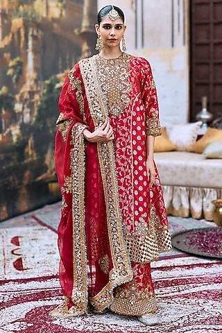 Red Brocade & Cotton Embroidered Kurta Set by ITRH