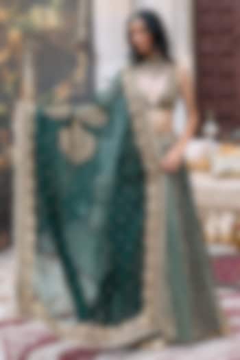 Green Brocade & Cotton Cambric Embroidered Bridal Lehenga Set by ITRH at Pernia's Pop Up Shop