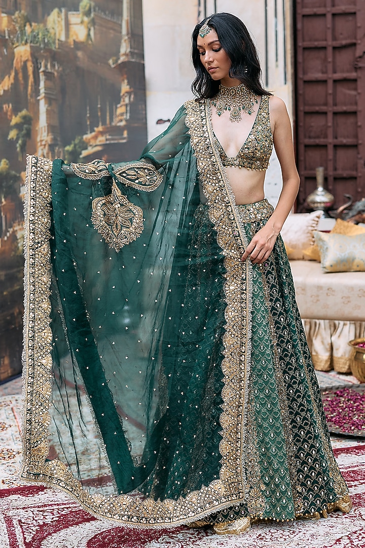 Green Brocade & Cotton Cambric Embroidered Bridal Lehenga Set by ITRH at Pernia's Pop Up Shop