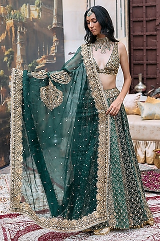Green Brocade & Cotton Cambric Embroidered Lehenga Set by ITRH