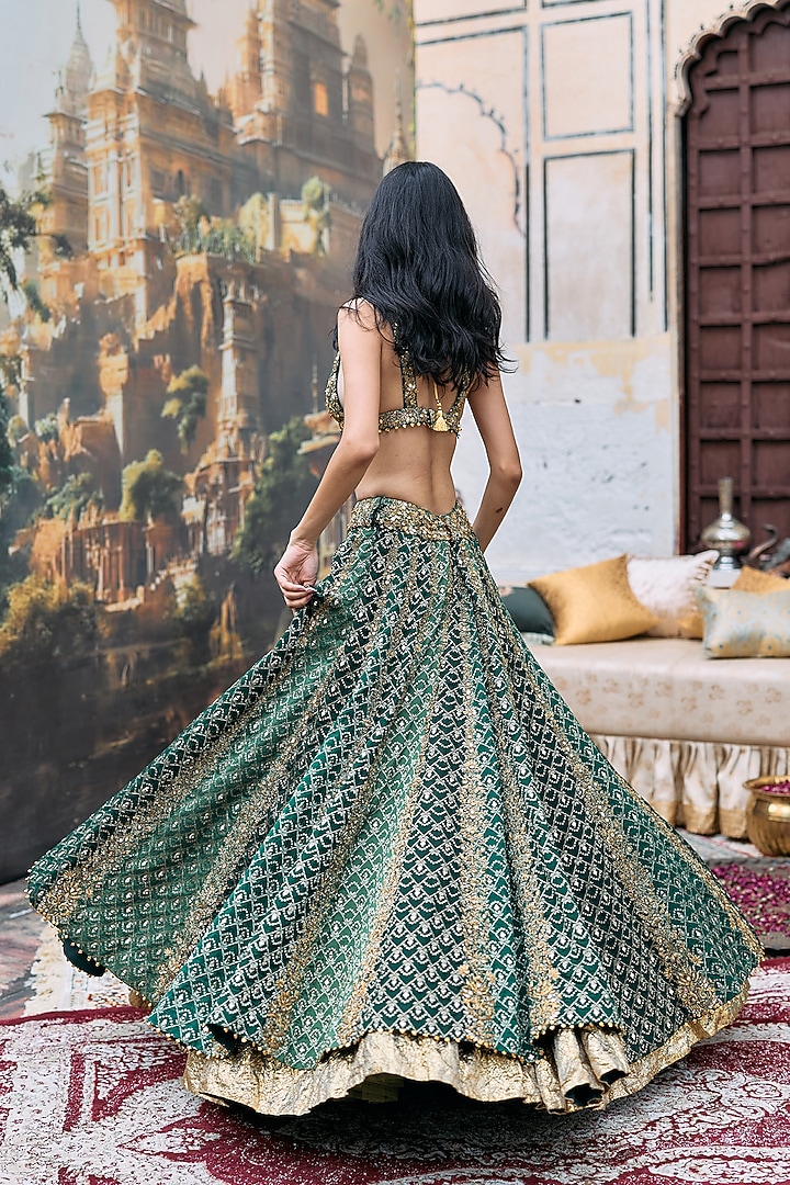 Green Brocade & Cotton Cambric Embroidered Bridal Lehenga Set by ITRH at Pernia's Pop Up Shop