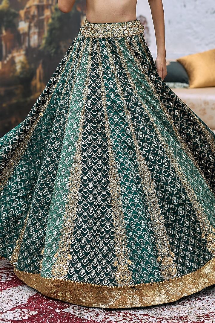 Green Brocade & Cotton Cambric Embroidered Bridal Lehenga Set by ITRH at Pernia's Pop Up Shop