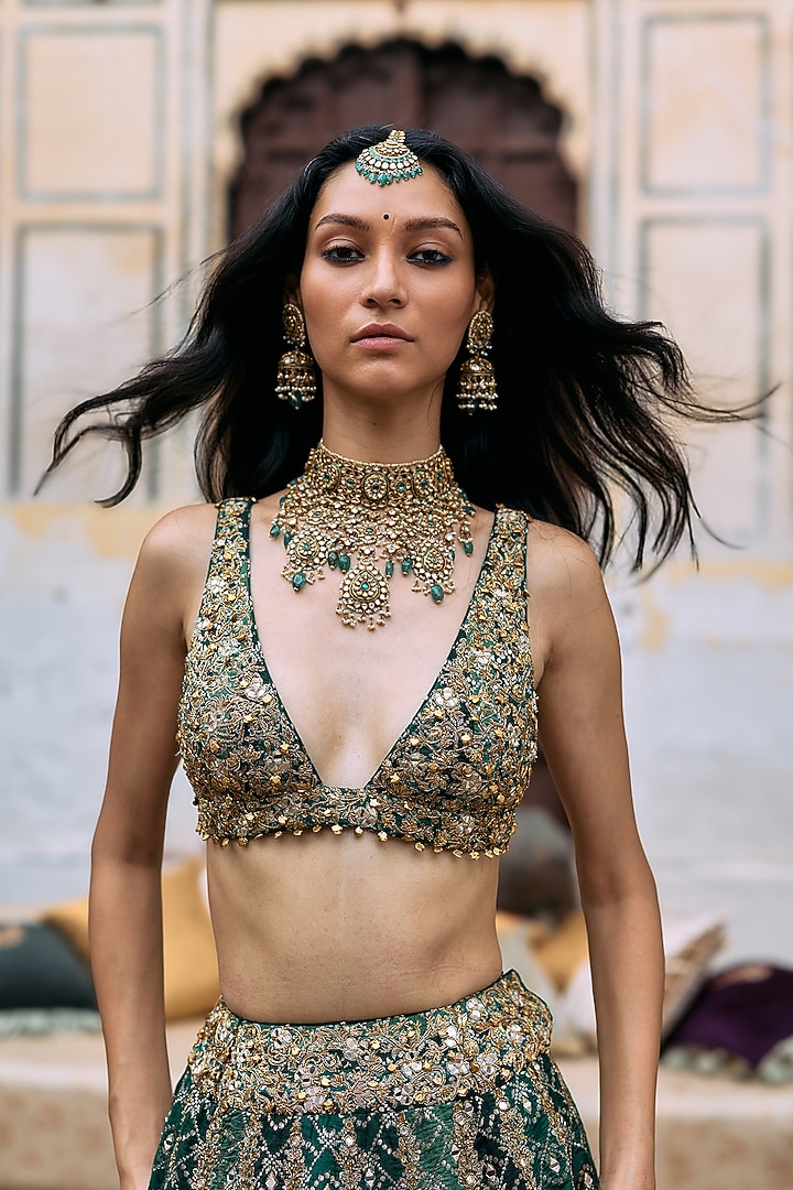 Green Brocade & Cotton Cambric Embroidered Bridal Lehenga Set by ITRH at Pernia's Pop Up Shop