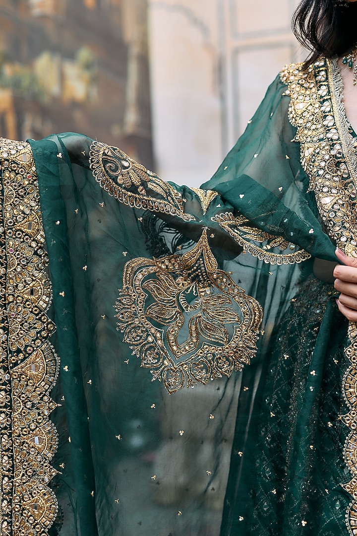 Green Brocade & Cotton Cambric Embroidered Bridal Lehenga Set by ITRH at Pernia's Pop Up Shop