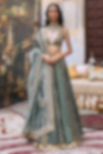 Green Brocade & Cotton Cambric Embroidered Bridal Lehenga Set by ITRH at Pernia's Pop Up Shop