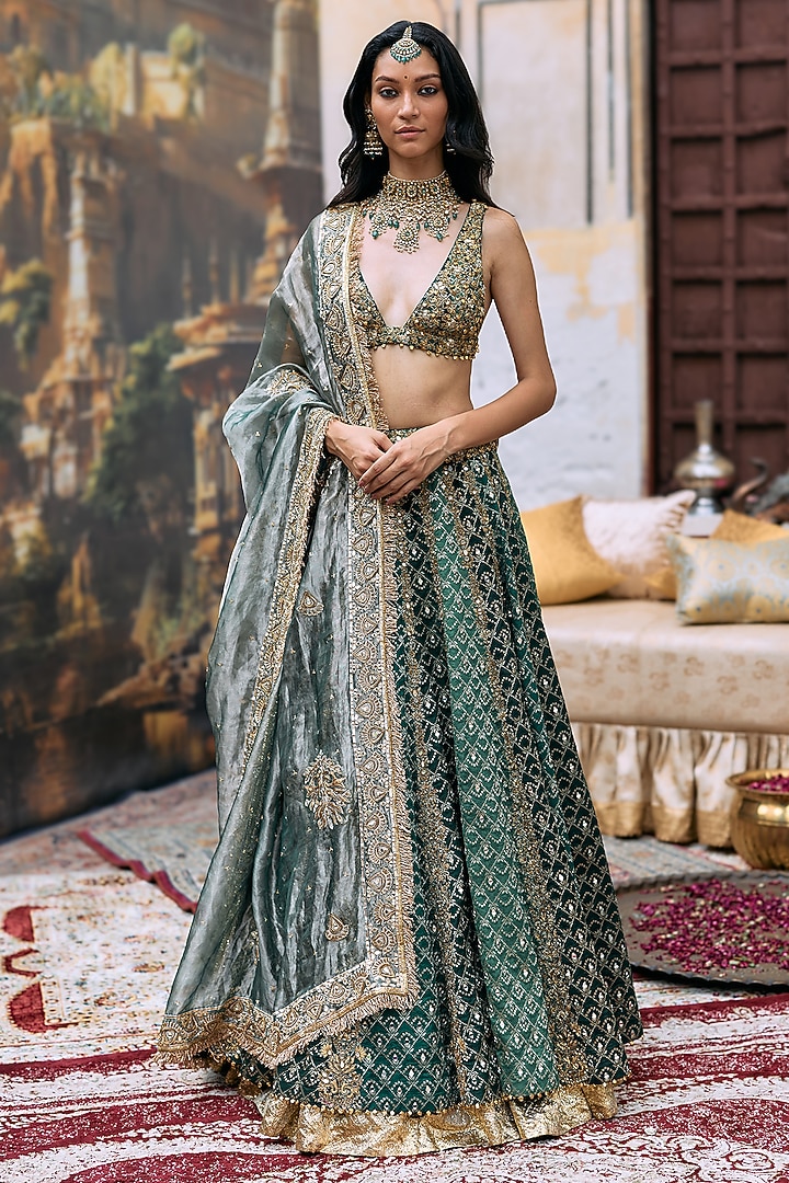 Green Brocade & Cotton Cambric Embroidered Bridal Lehenga Set by ITRH at Pernia's Pop Up Shop