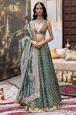 Green Brocade & Cotton Cambric Embroidered Lehenga Set by ITRH