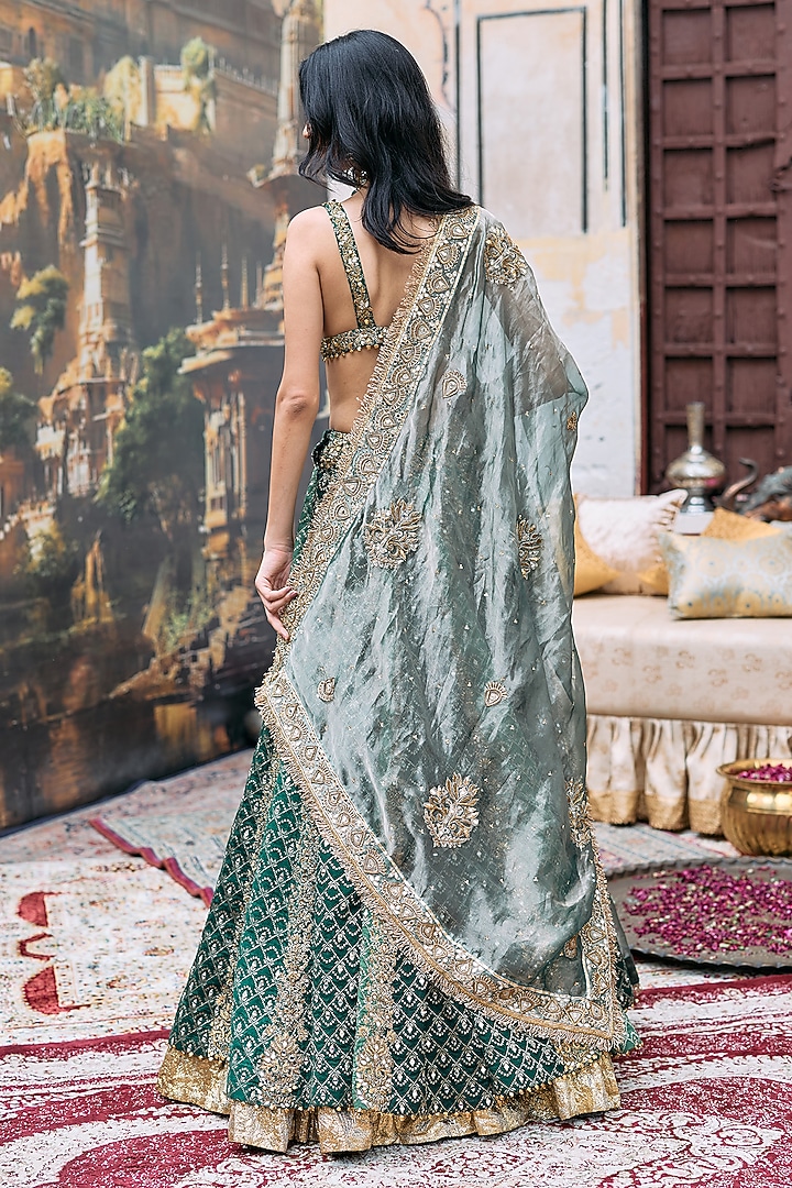 Green Brocade & Cotton Cambric Embroidered Bridal Lehenga Set by ITRH at Pernia's Pop Up Shop