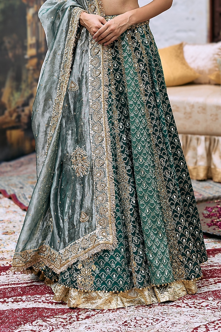Green Brocade & Cotton Cambric Embroidered Bridal Lehenga Set by ITRH at Pernia's Pop Up Shop
