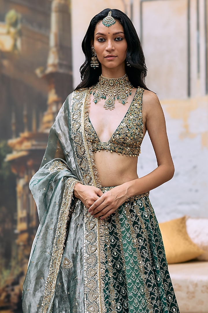 Green Brocade & Cotton Cambric Embroidered Bridal Lehenga Set by ITRH at Pernia's Pop Up Shop