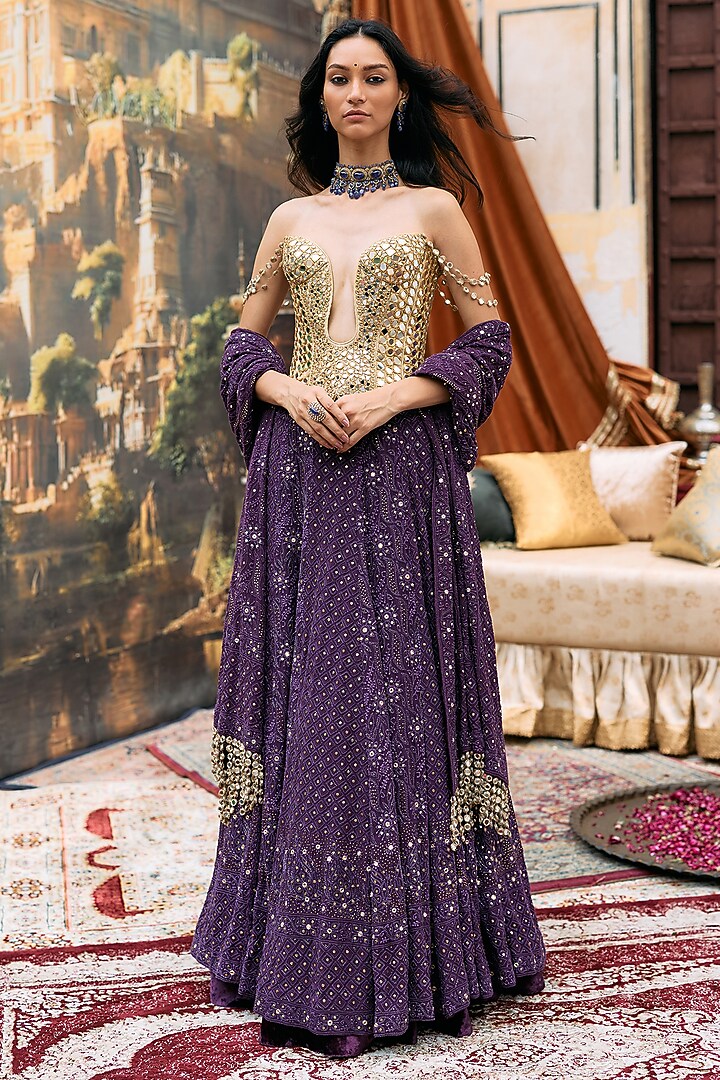 Purple Chikankari & Khadi Embroidered Bridal Lehenga Set by ITRH at Pernia's Pop Up Shop